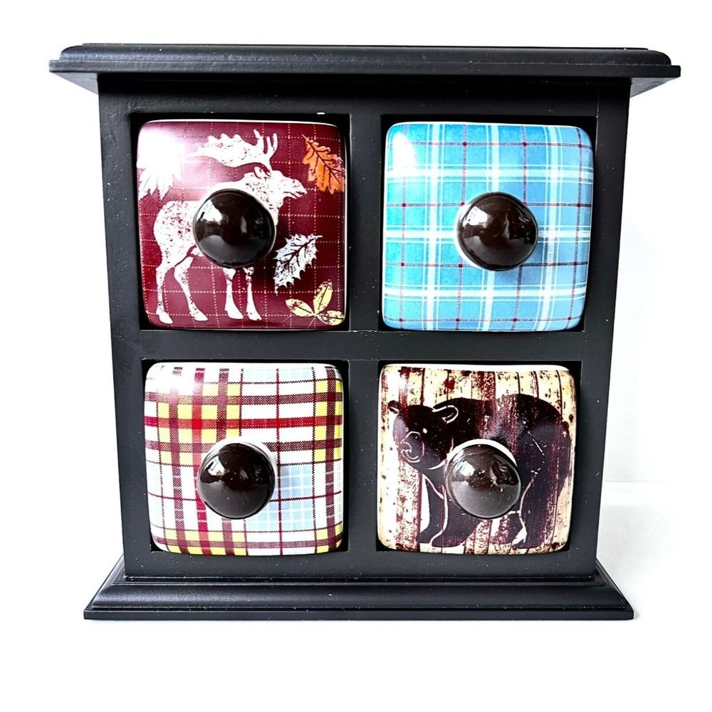 Brown Wooden Apothecary Chest with 4 Ceramic Drawers-Small